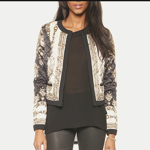 MARCHESA Voyage Notte Silk Scarf Quilted Bomber Jacket Blazer - Picture 1 of 13